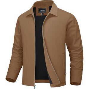 Men's Stylish Jackets Coat Brown Lightweight Casual Full Zip Up Pockets Golf